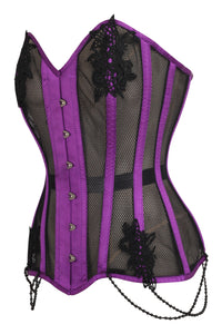 Purple Mesh and Lace Appliqué Waist Taming Overbust Corset