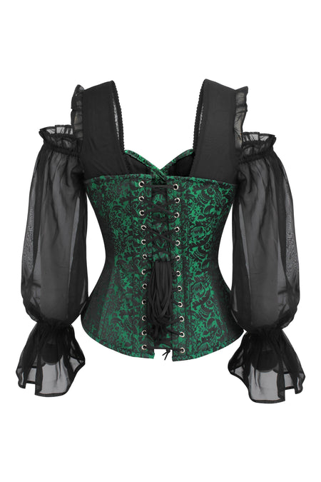 Corset Story BC-020 Long sleeve Green and Black Brocade Corset Top with Chiffon Sleeves