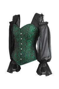 Corset Story BC-020 Long sleeve Green and Black Brocade Corset Top with Chiffon Sleeves