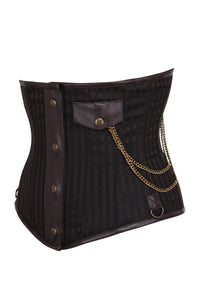 Braun gestreifte Steampunk-Unterbrust mit stählernem Busk-Detail und Taschenkette