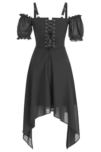 Dark Enchantment: Gothic Corset Dress with Sheer Sleeves & Asymmetrical Hem