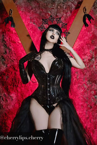 Schwarzes PVC Überbrust-Korsett mit tiefem Dekolleté und seitlichen Netzpanels