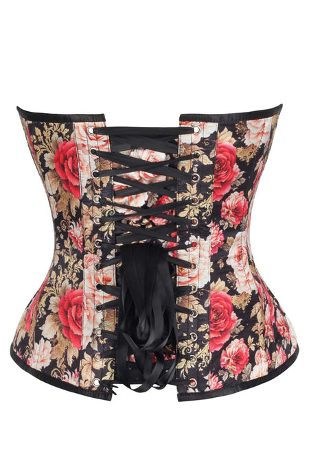 Vintage Rose Brocade Overbust Corset – Elegant Floral Lace-Up Design