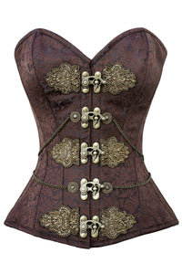 Ornate Brown Brocade Overbust Corset with Antique Brass Appliqués and Swing Hooks