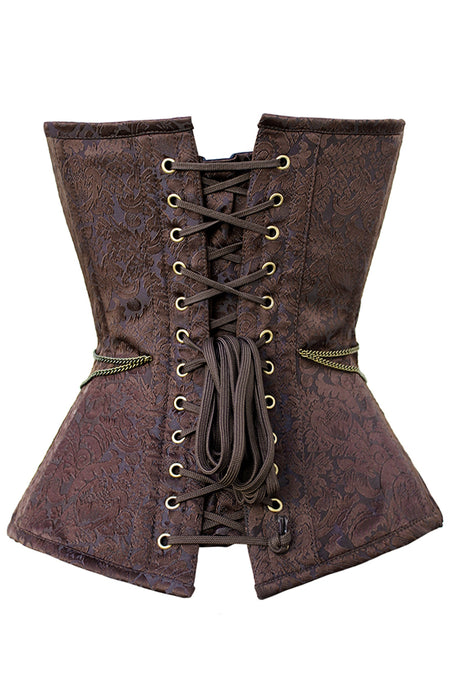 Ornate Brown Brocade Overbust Corset with Antique Brass Appliqués and Swing Hooks