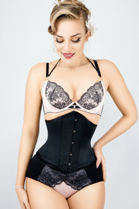 Waspie-Unterbrust-Korsett, Waist Training, Satin, schwarz