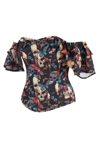 Butterfly and Skull Print Corset Top With Frilled Sleeve