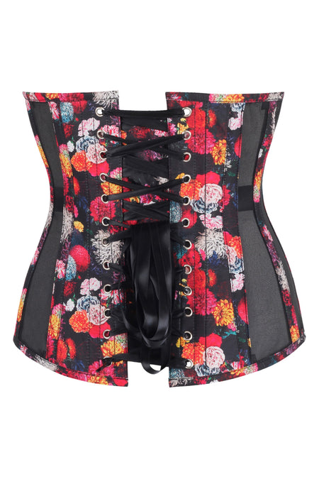 Floral Print Cotton Longline Underbust Corset with Black Mesh Panels