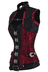 Red and Black Brocade Steampunk Overbust Corset with Swing Hooks and Shrug