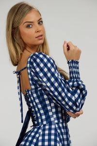 Corset Story SC-056 Sunflower Gingham Blue Viscose Corset Dress With Long Sleeves