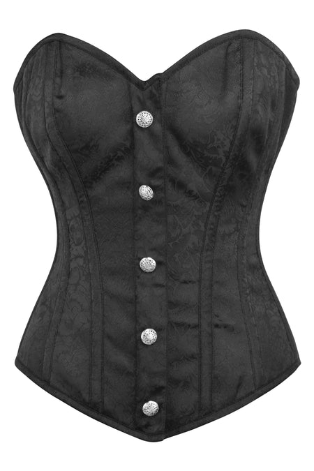 Corset Story BC-014 Black Brocade Overbust Corset with Front Zip and Button Detailing