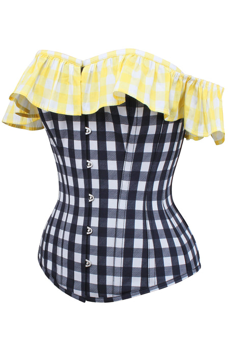 Corset Story TYS507 Yellow and Black Contrast Gingham Corset Top With Bardot Sleeve