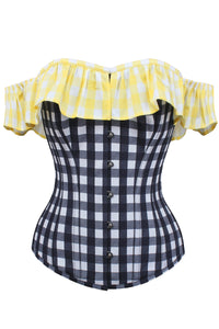 Corset Story TYS507 Yellow and Black Contrast Gingham Corset Top With Bardot Sleeve