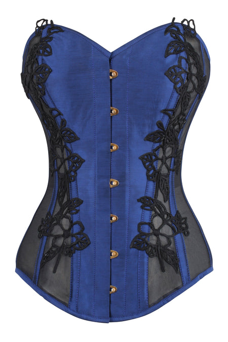 Corset Story WTS518 Navy Blue Longline Overbust Corset with Black Lace and Mesh Panels